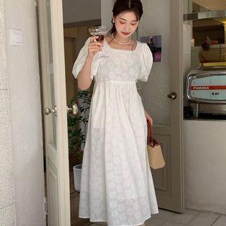 Short-sleeve Plain A-line Maxi Dress White - One Size