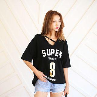Elbow-sleeve Strap-detail Lettering T-shirt
