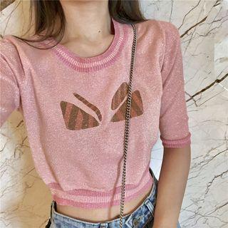 Elbow-sleeve Print Cropped Knit Top