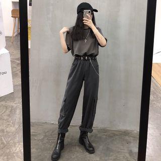 Contrast-trim Short-sleeve T-shirt/ Plain Wide-leg Cargo Pants