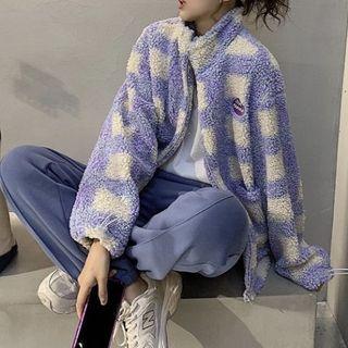 Plaid Zip-up Fleece Jacket Purple - One Size