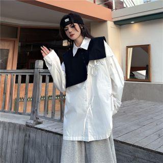Asymmetrical Crop Vest / Plain Lace-up Button-up Shirt