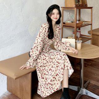 Long-sleeve Floral Midi A-line Dress Red & Green & Apricot White - One Size