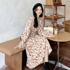 Long-sleeve Floral Midi A-line Dress Red & Green & Apricot White - One Size