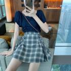 Off-shoulder Short-sleeve Blouse / Plaid Mini A-line Skirt