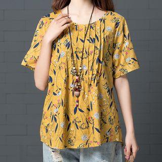 Short-sleeve Flower Print Pintuck Top