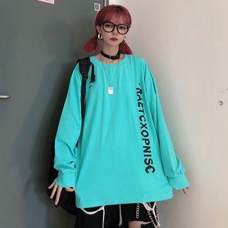 Long-sleeve Lettering Round Neck T-shirt Green - One Size