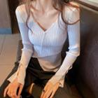 Long-sleeve Button Knit Top Gray - One Size