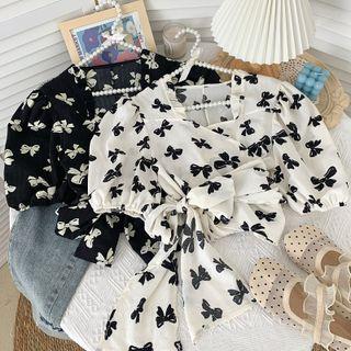 Ribbon-print Crop Top With Sash