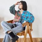 Color-block Plaid Ruffle Long-sleeve Shirt As Shown In Figure - One Size