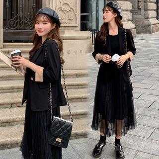 Set: Plain Blazer + Mesh Midi A-line Dress