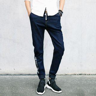 Slim Fit Drawstring Lettering Washed Jeans