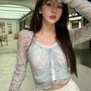 Plain Cropped Camisole Top / Long-sleeve Plain Lace Cardigan