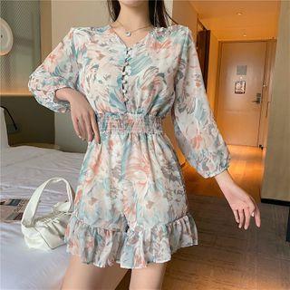 Floral Print 3/4-sleeve Ruffle Hem Playsuit