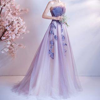 Strapless Floral Mesh A-line Evening Gown