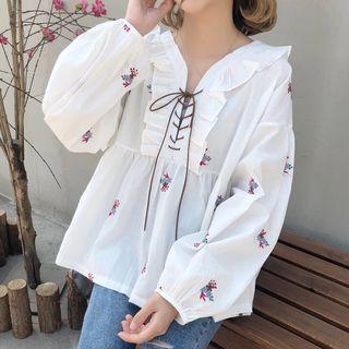 Long-sleeve Embroidered Ruffled Lace-up Top