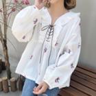 Long-sleeve Embroidered Ruffled Lace-up Top