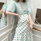 Elbow-sleeve Feathered Top / Polka Dot Midi Mermaid Skirt