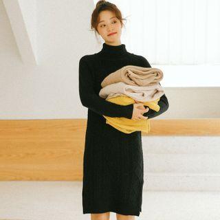 Slit-hem Turtleneck Sweater Dress