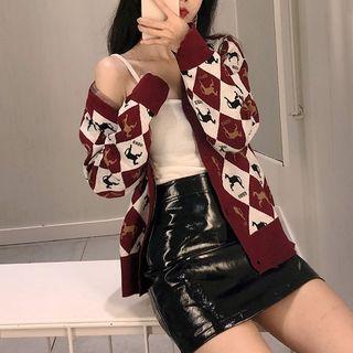 Horse Pattern Cardigan / Patent Mini A-line Skirt