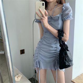 Puff-sleeve Ruffle Trim Drawstring Mini A-line Dress