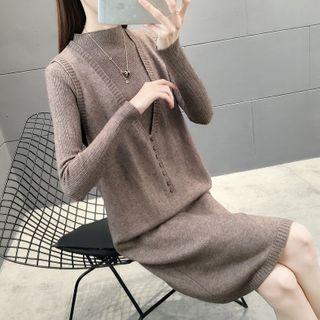 Set: Long-sleeve Midi Knit Dress + Vest