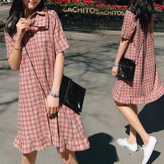 Short-sleeve Frill Trim Plaid Shirt Dress