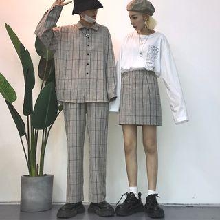 Couple Matching Plaid Shirt / Wide-leg Pants / High Waist A-line Skirt