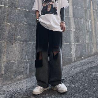 Gradient Tie-dye Washed Ripped Shift Jeans