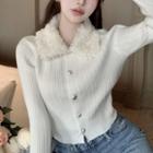 Fluffy Collar Cropped Cardigan White - One Size