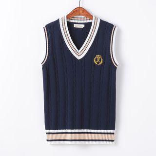 V-neck Embroidered Cable Knit Vest