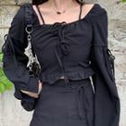 Long-sleeve Frill Trim Crop Top / Slit-hem Midi Mermaid Skirt