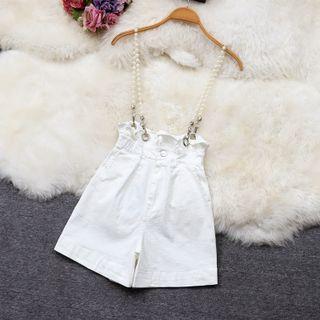 Faux Pearl Suspender High Waist Shorts