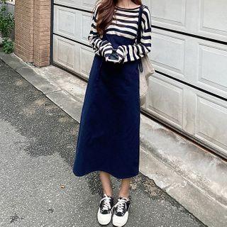Set: Striped Long-sleeve T-shirt + Strappy Midi A-line Dress