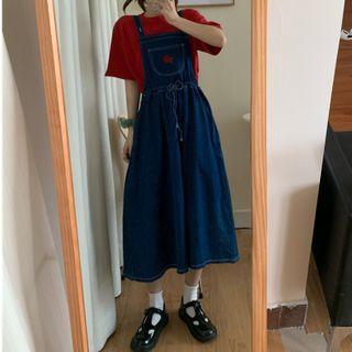 Plain Short-sleeve T-shirt / Denim Midi Jumper Dress As Shown In Figure - M