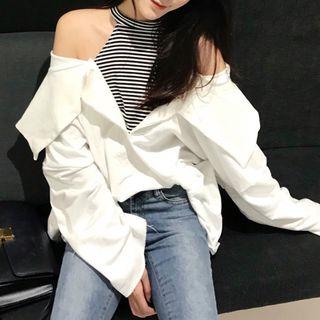 Long-sleeve Cold-shoulder Mock Two-piece Top