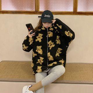 Stand Collar Bear Print Fleece Jacket
