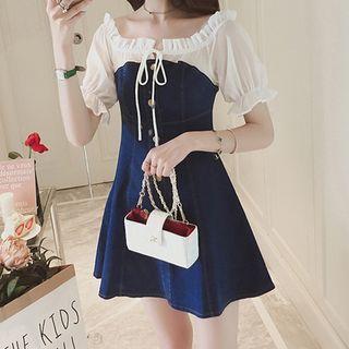 Short-sleeve Frill Trim Denim A-line Mini Dress