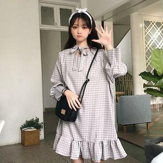 Check Long-sleeve Loose-fit Dress Pink - One Size