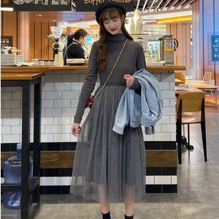 Mock-turtleneck Long-sleeve Midi Mesh Dress