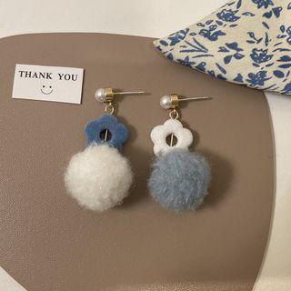 Flower Pom Pom Asymmetrical Dangle Earring