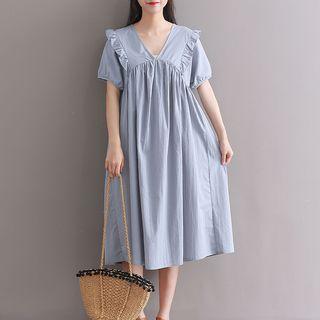Short-sleeve V-neck Frill Trim A-line Dress