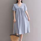 Short-sleeve V-neck Frill Trim A-line Dress