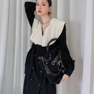 Puff-sleeve Double-breasted A-line Dress Black - One Size