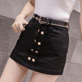 Double-breasted Mini A-line Denim Skort