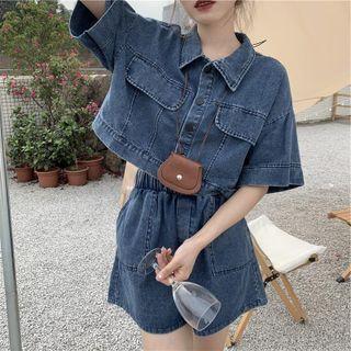 Set: Short-sleeve Denim Shirt + Shorts Blue - One Size