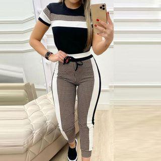 Set: Short-sleeve Plaid Color Block T-shirt + Cropped Harem Pants