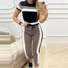 Set: Short-sleeve Plaid Color Block T-shirt + Cropped Harem Pants
