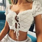 Short-sleeve Lace Up Lace Blouse