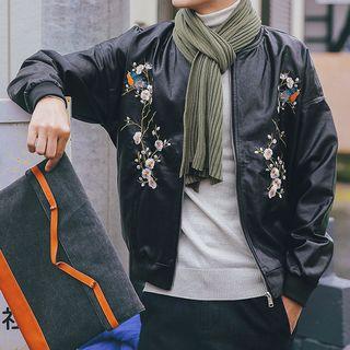 Embroidered Faux Leather Bomber Jacket